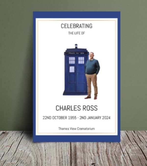 A funeral program designed with elements inspired by Doctor Who, featuring a TARDIS, time vortex, and swirling galaxies, evoking the sense of time travel and adventure—a fitting tribute for a fan of the iconic TV series.
