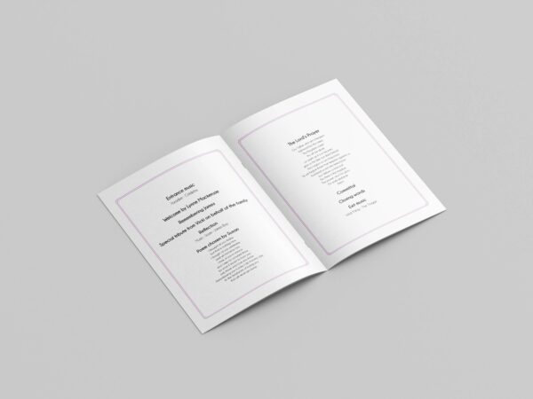 Elegant Purple Floral with Thin Purple Border Funeral Order of Service Template - Sophisticated design featuring purple florals framed by a delicate thin border, symbolizing grace and dignity. Customizable layout, high-quality print, and easy to use, perfect for creating a heartfelt funeral or memorial service program