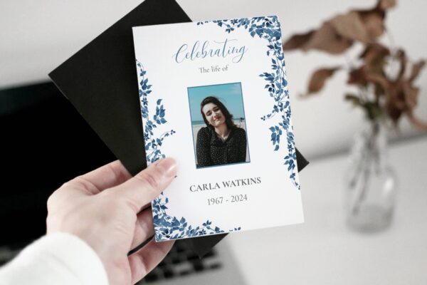 Delicate dark blue floral leaves funeral order of service template 149 - Image 4