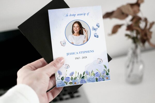 Elegant Blue Flowers and Butterflies Funeral Order of Service Template 158 - Image 2