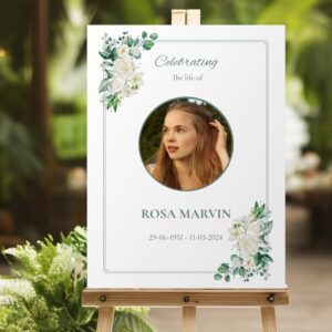 White rose funeral memorial photo board